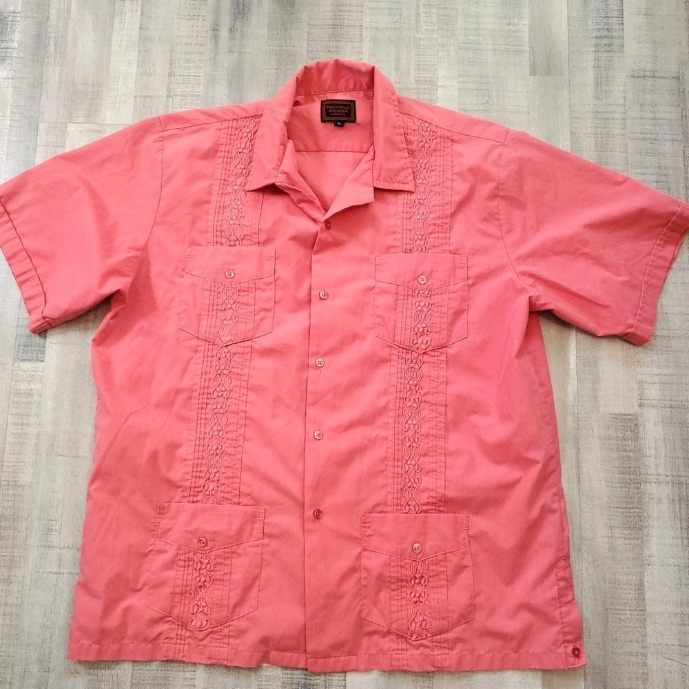 Maximos Mens XL Red Guayabera Shirt Yucatan Button Mexico Cuban Panama Pockets